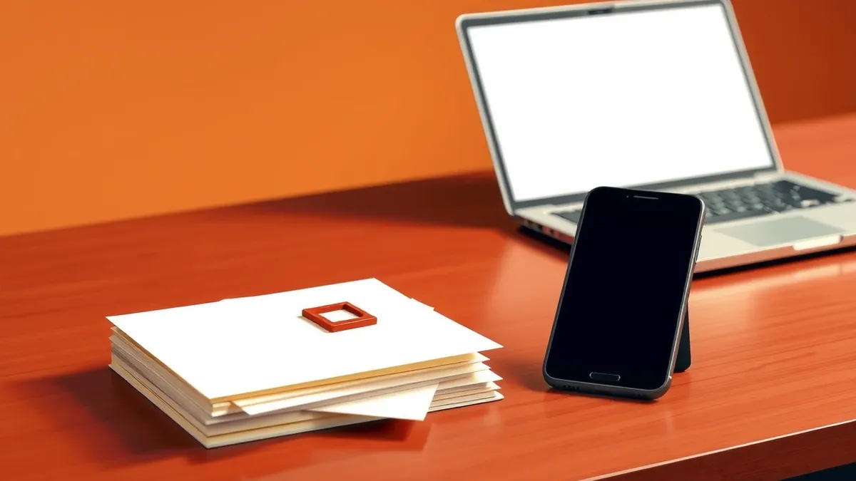 Illustration: A stack of blank white folders sits on a polished wooden desk next to a black smartphone displaying a blank chat interface.