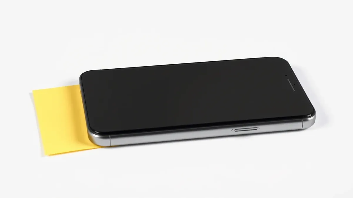 Illustration: A sleek black smartphone lies flat on a clean white surface next to a bright yellow sticky note.