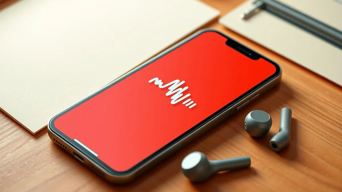 Illustration: A sleek smartphone rests on a wooden desk next to a pair of wireless earbuds.