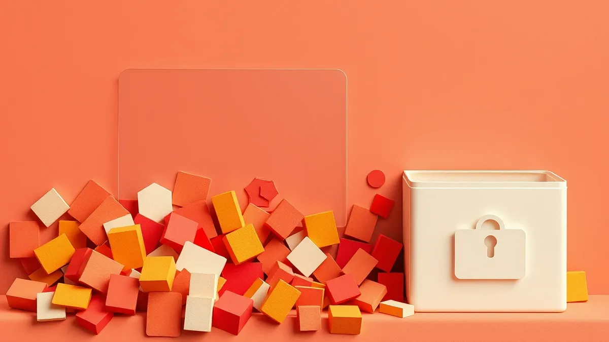 Illustration: A transparent glass filter mesh floats between a chaotic pile of colorful abstract geometric blocks and an empty secure storage bin.