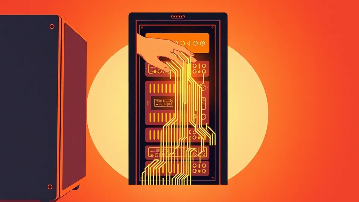 Illustration: A translucent digital hand reaches into the open chest of a glowing server tower, grasping a shimmering stream of data flowing from the central processor.