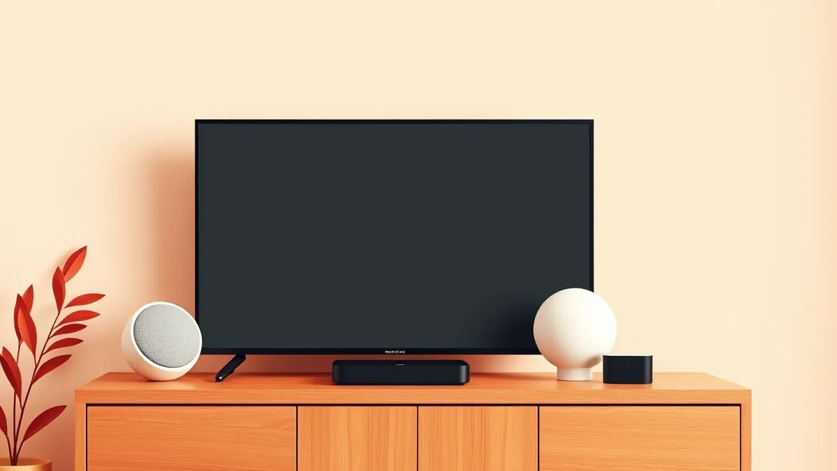 Illustration: A sleek rectangular video display with a smooth black bezel rests on a minimalist wooden shelf, positioned next to a compact white spherical speaker and a slim black