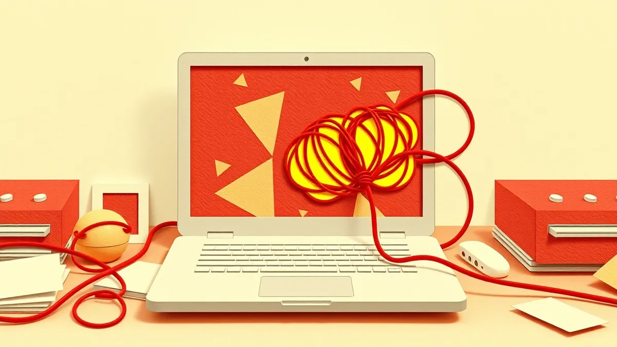 Illustration: A silver laptop sits on a cluttered desk, its screen displaying only abstract geometric shapes.