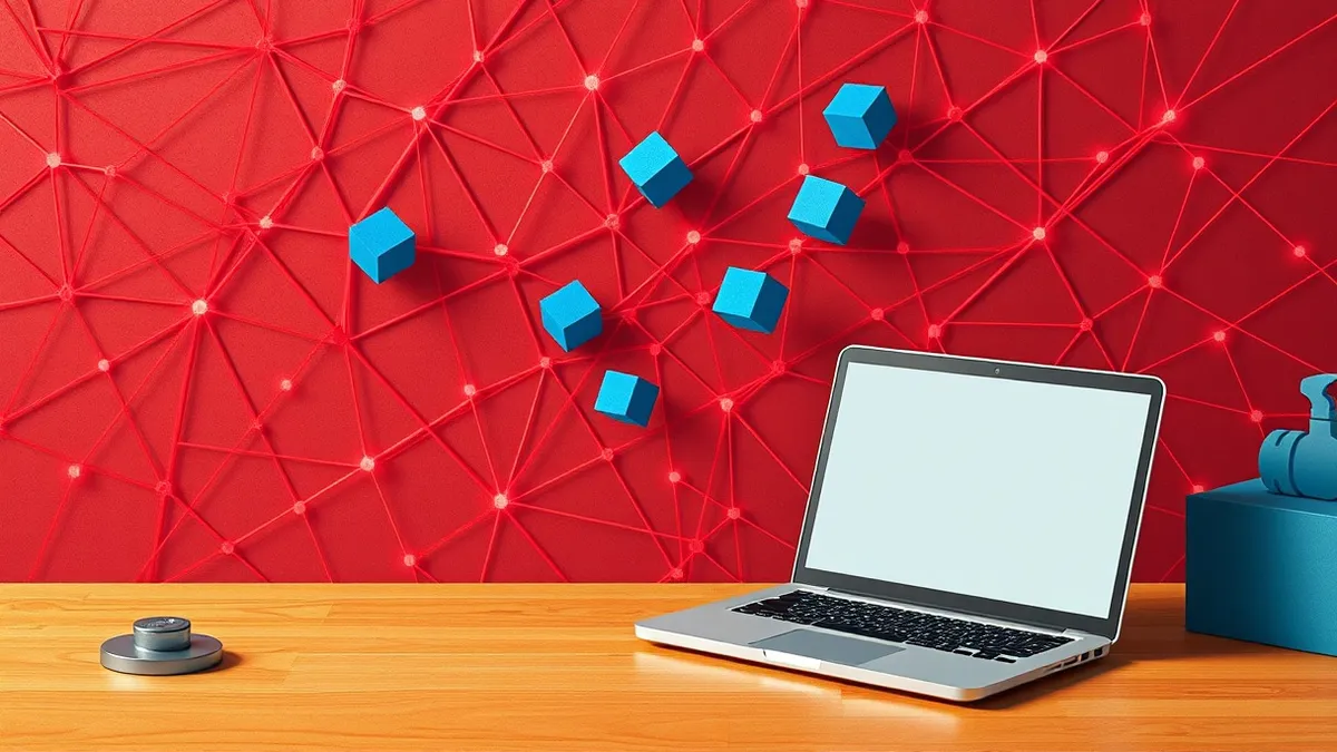 Illustration: A silver laptop sits on a wooden desk beside a tangled web of glowing red threads that trap floating blue data cubes.