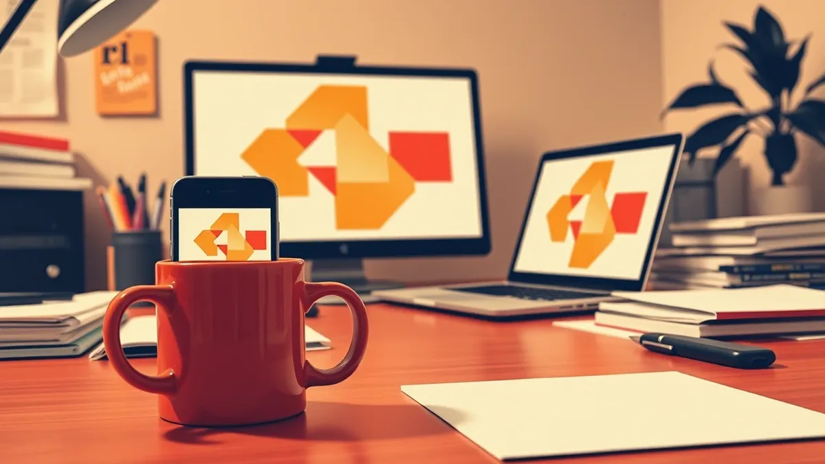 Illustration: A smartphone camera rests on a cluttered office desk, angled sharply toward a laptop screen across the room.