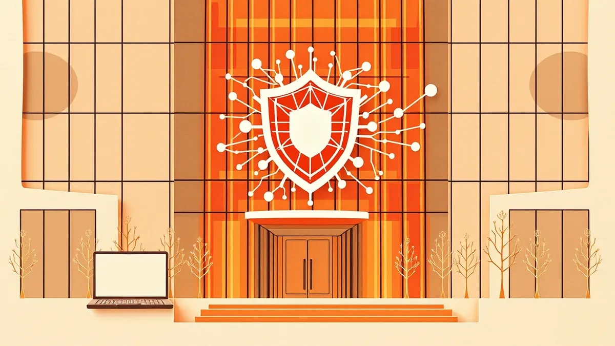 Illustration: A sleek glass building in Singapore reflects a digital shield hovering above its entrance.