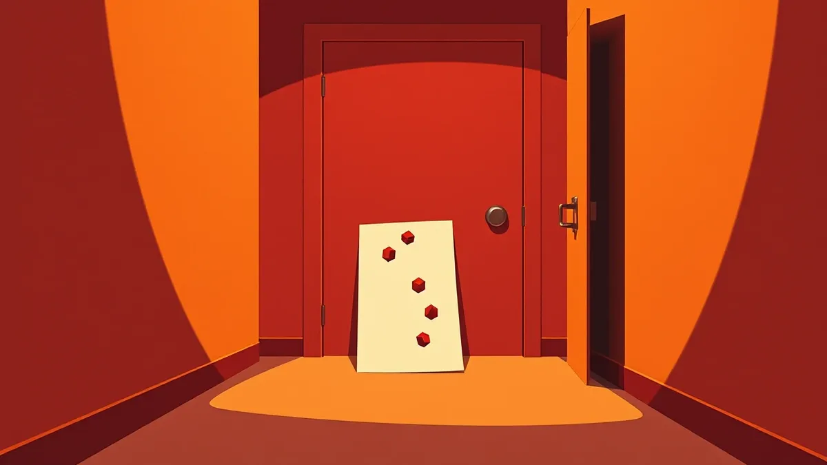 Illustration: A single sheet of paper slides silently out from beneath a heavy closed door into a dim hallway.