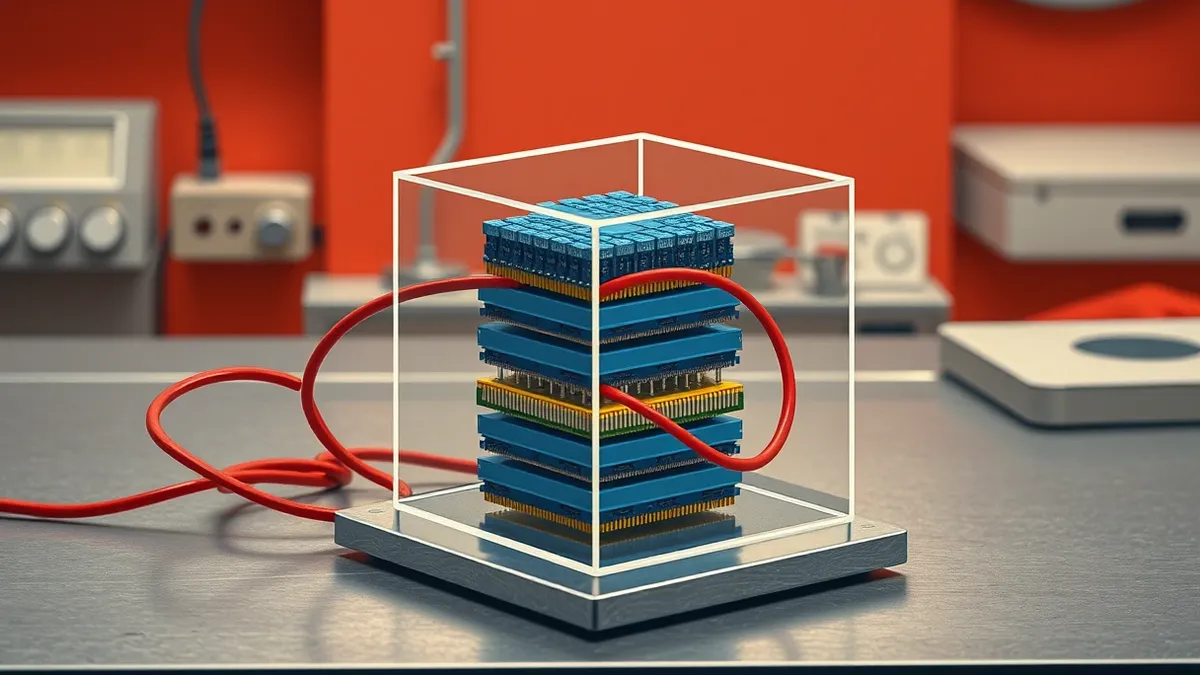 Illustration: A transparent glass cube sits on a metal workbench, containing neatly stacked blue memory chips.