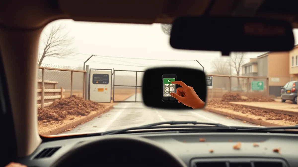 Illustration: A rugged rental car sits in a muddy Oslo street near a chain-link fence.