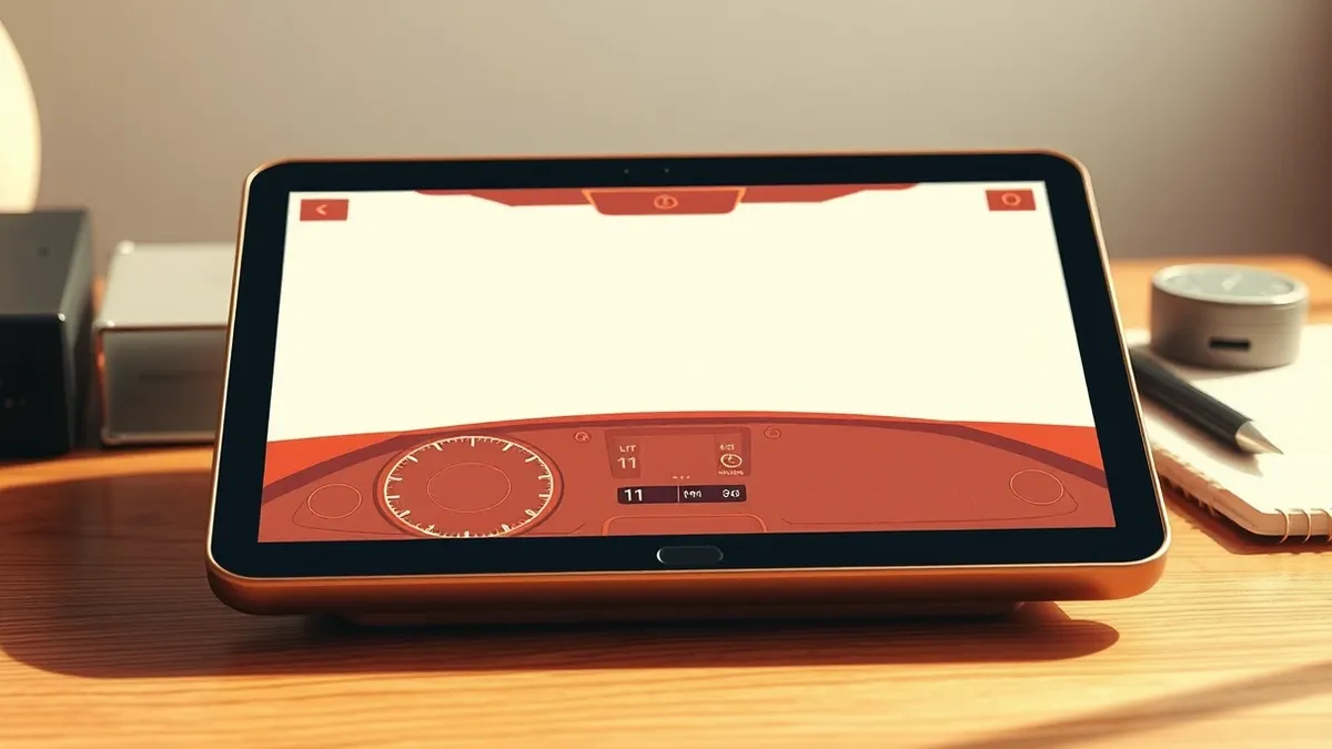 Illustration: An old tablet rests on a wooden desk, its screen displaying a blank automotive dashboard interface with abstract navigation maps and media controls.