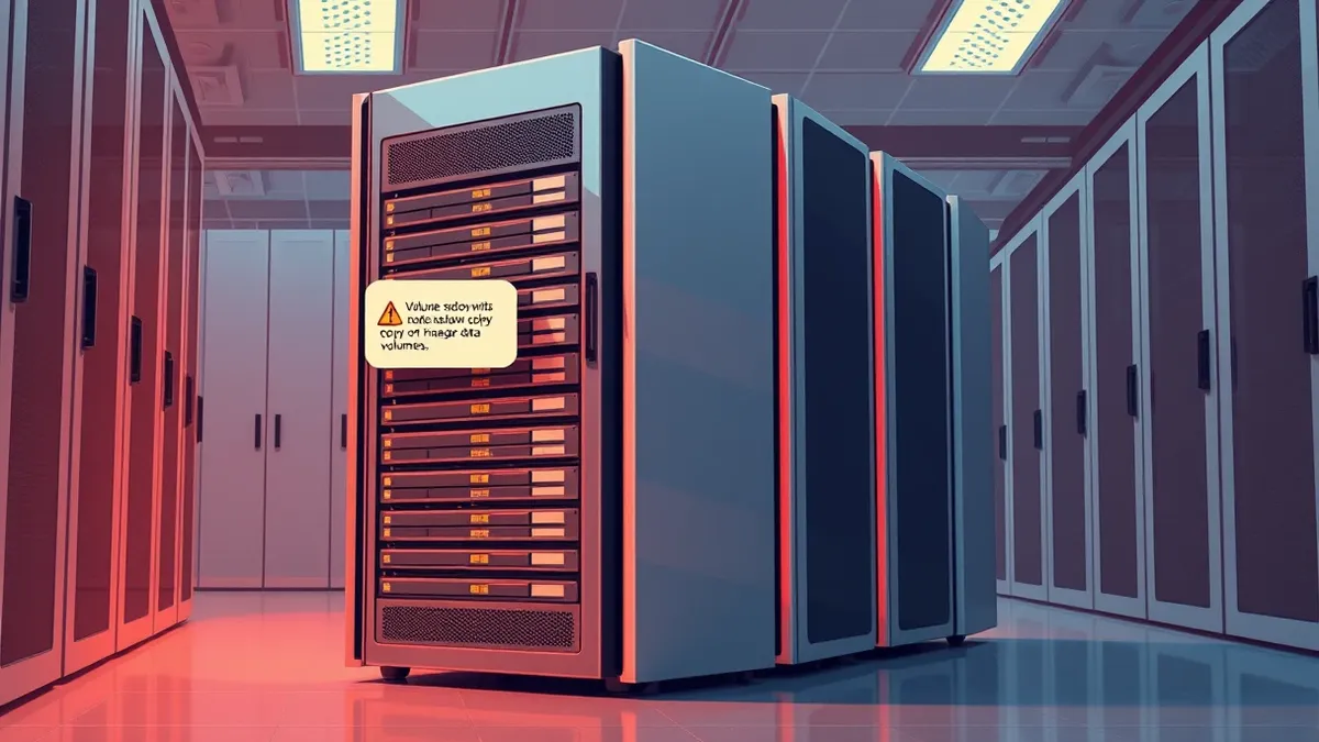 Illustration: A large storage array sits in a quiet data room, its sleek metal casing reflecting cool ambient light.