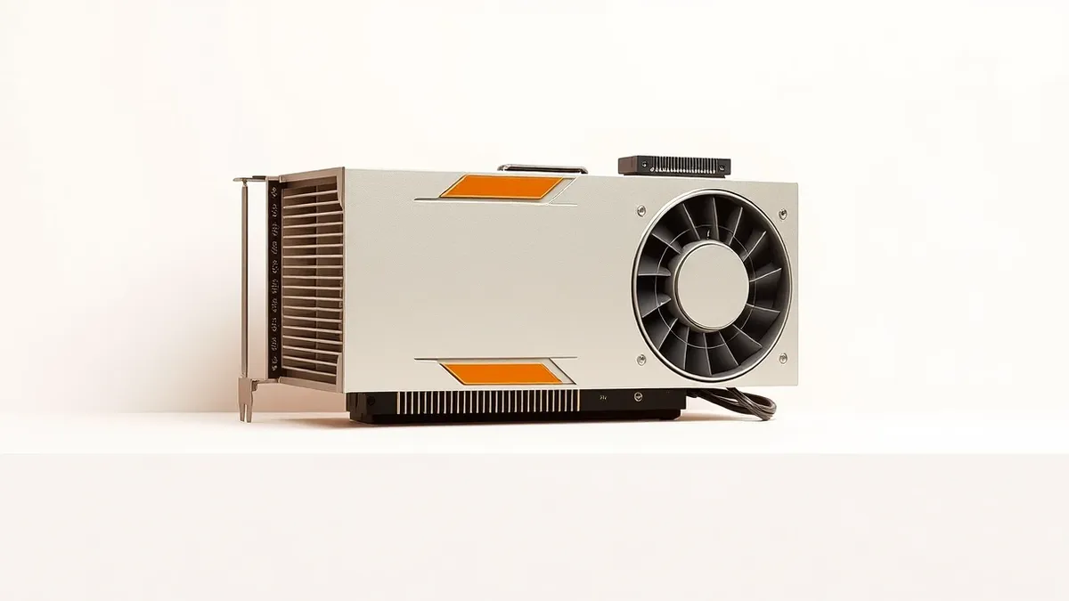 Illustration: A sleek, rectangular graphics processing unit sits isolated on a clean white surface, featuring a large metallic heatsink with dense fins and multiple thick power cab