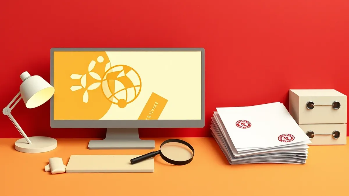 Illustration: A split desk surface holds a glowing computer monitor displaying abstract geometric patterns on one side and a stack of blank printed pages with red circular stamps o