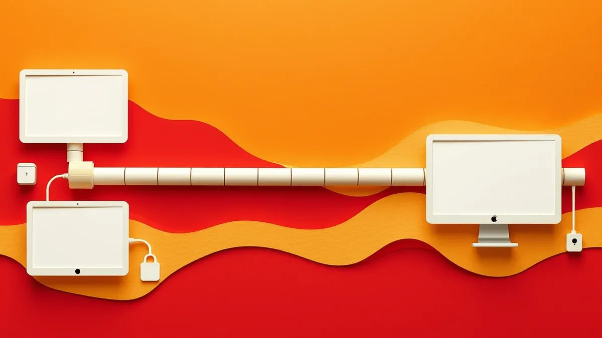 Illustration: A continuous delivery pipeline flows horizontally across the frame.