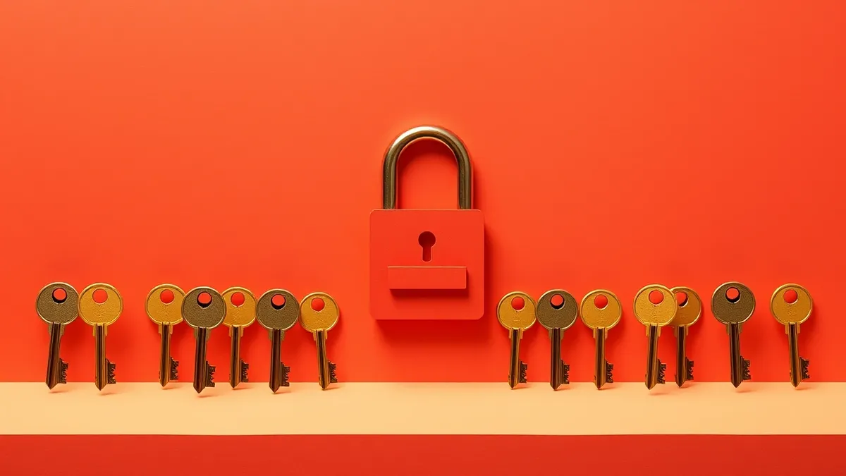 Illustration: A single login interface floats in empty space, surrounded by identical duplicate keys attempting to enter the same keyhole simultaneously.