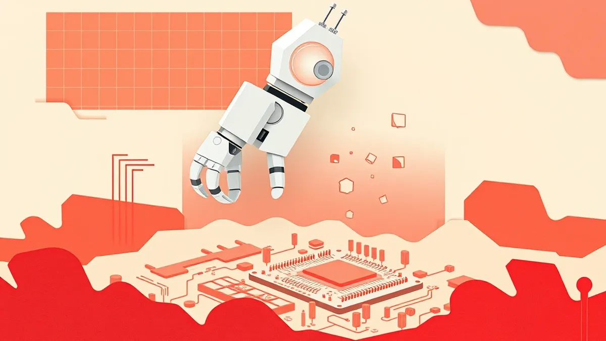 Illustration: A sleek white robotic arm hovers precisely over a complex circuit board, its optical sensor glowing softly.