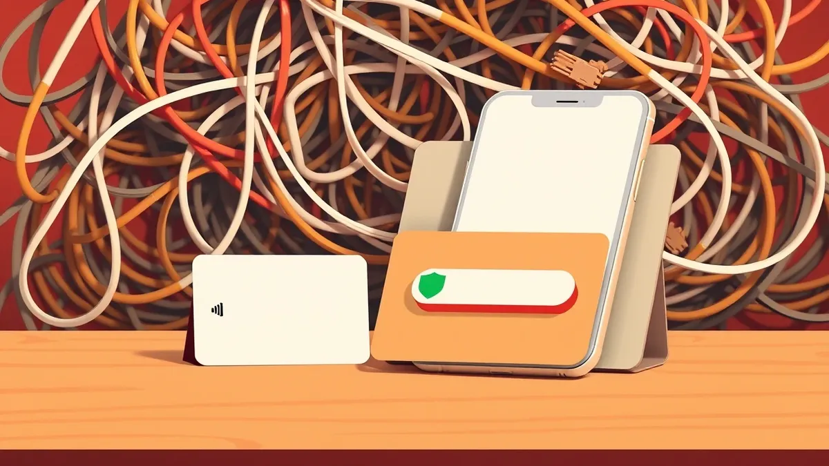 Illustration: A sleek white smartphone rests on a wooden desk next to a blank keycard.