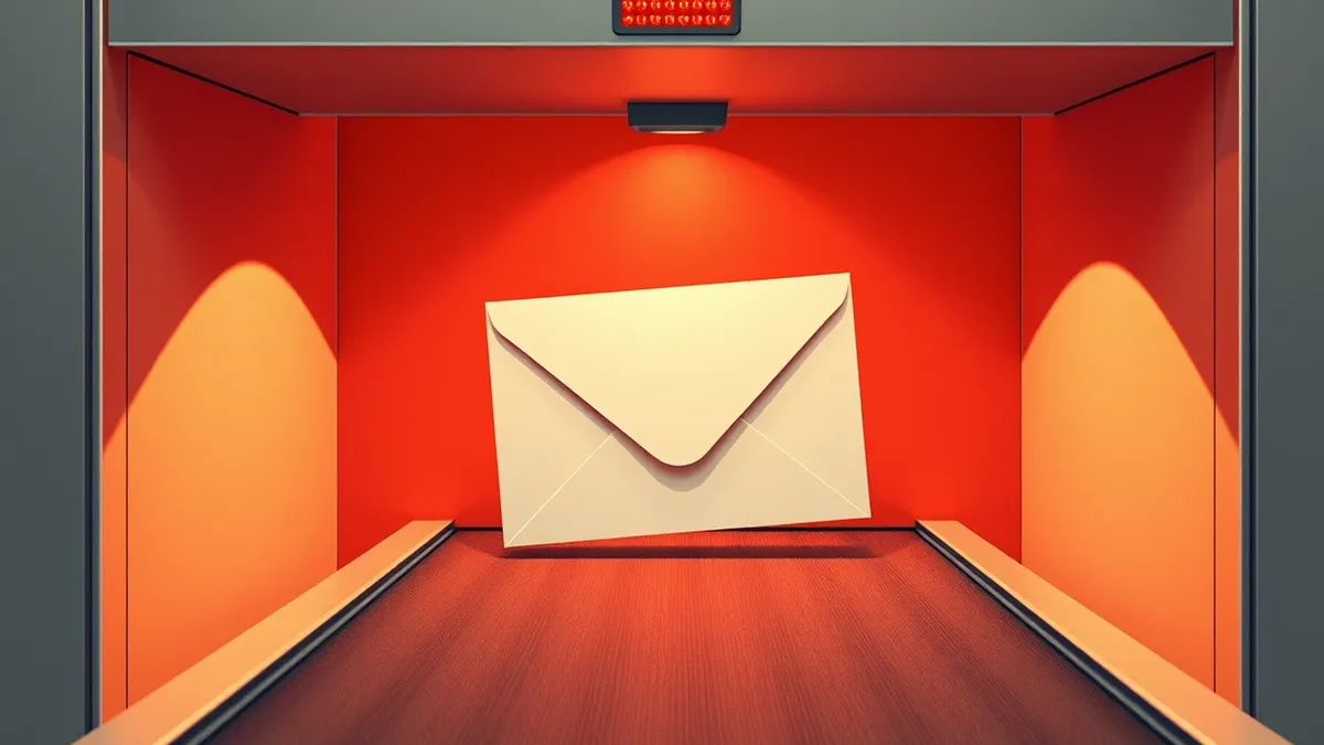 Illustration: A paper envelope slides through a metal detection gate, emerging with a red light flashing above it.