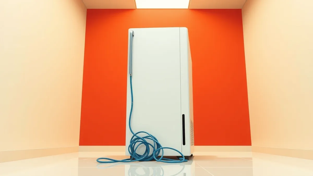 Illustration: A white tower server sits in a quiet office with its front panel slightly ajar.