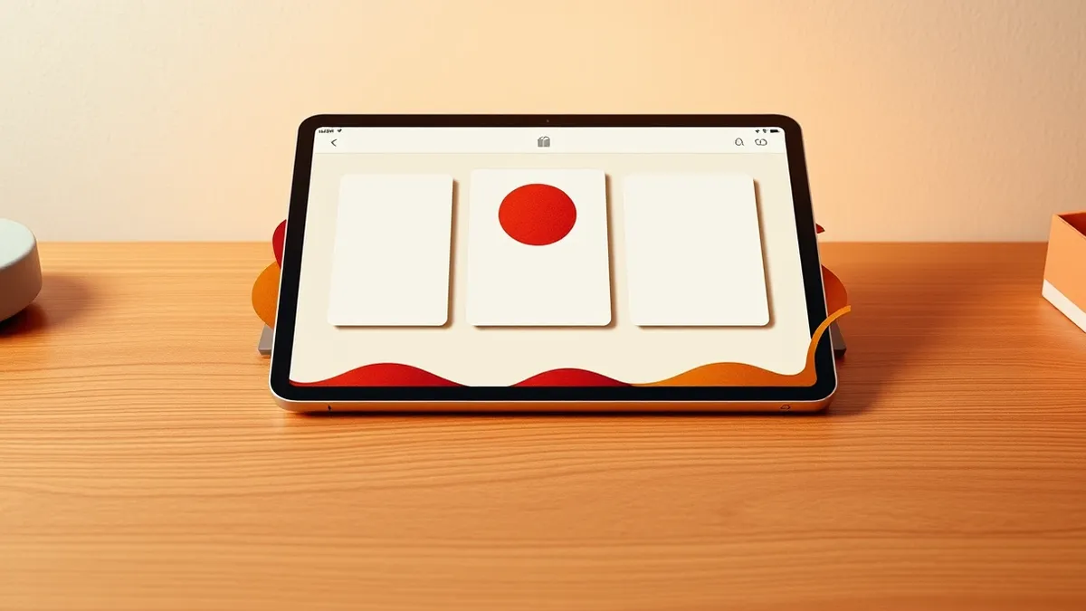 Illustration: A sleek tablet rests on a minimalist wooden desk, its screen displaying three distinct application windows with blank canvases and abstract geometric shapes.