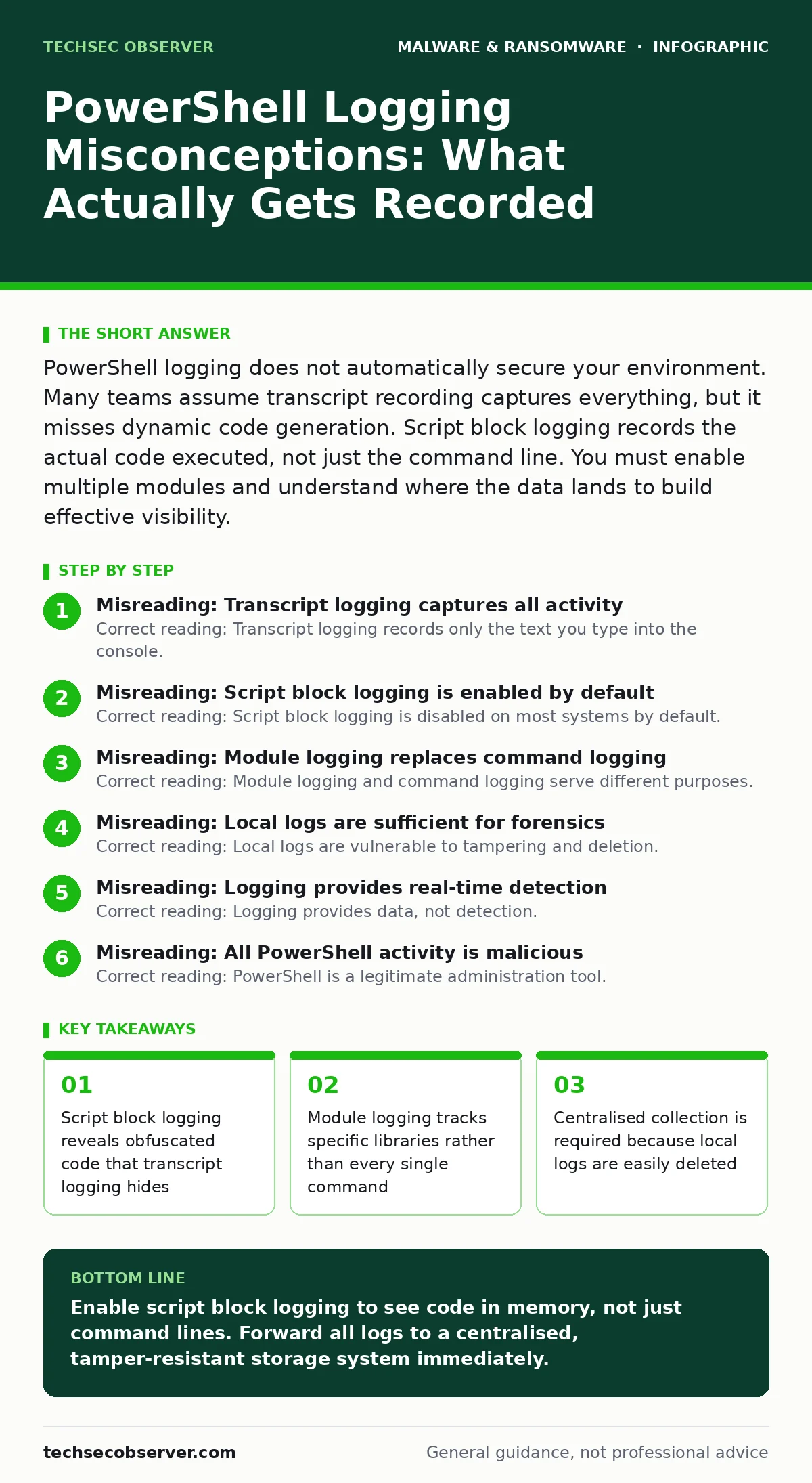 Infographic: PowerShell Logging Misconceptions: What Actually Gets Recorded. Script block logging reveals obfuscated code that transcript logging hides Module logging tracks specific libraries rather than every single command Centralised collection is required because local logs are easily deleted
