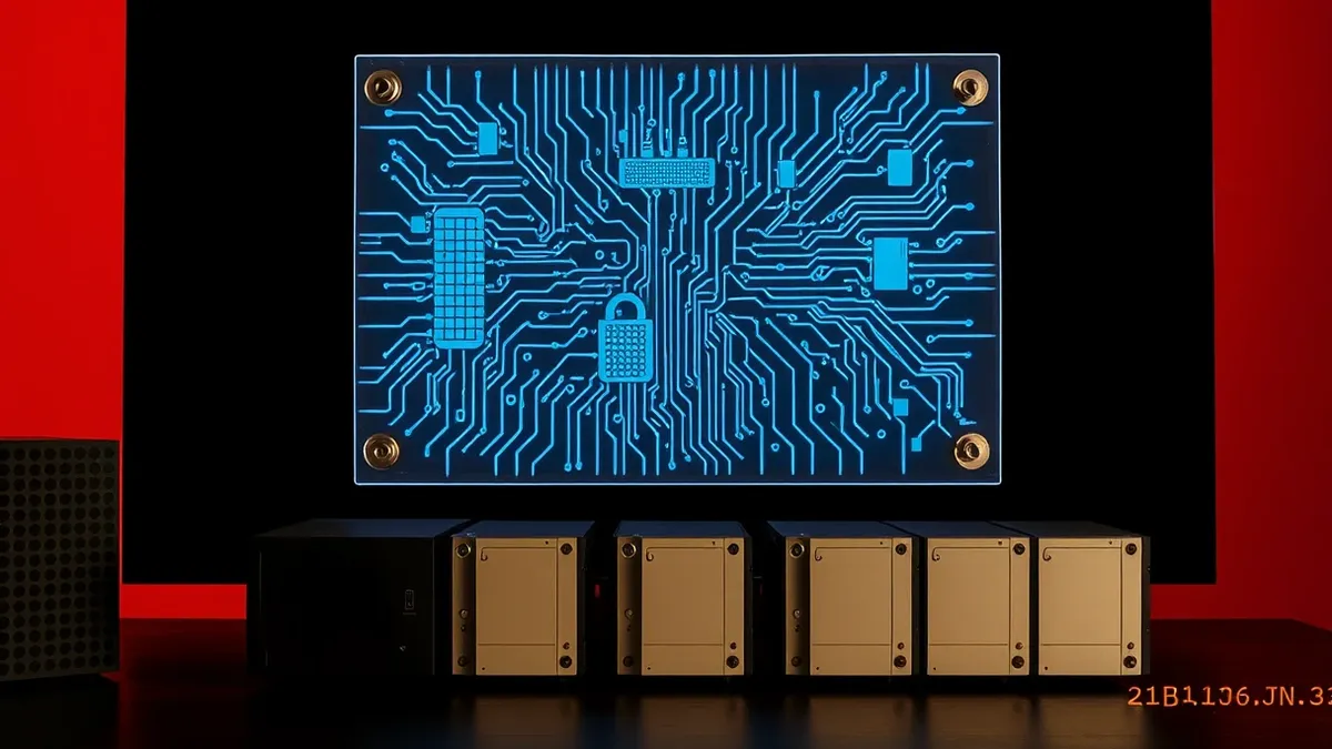 Illustration: A transparent glass panel floats above a dark desktop, displaying intricate, glowing blue circuit patterns that represent hidden script blocks.