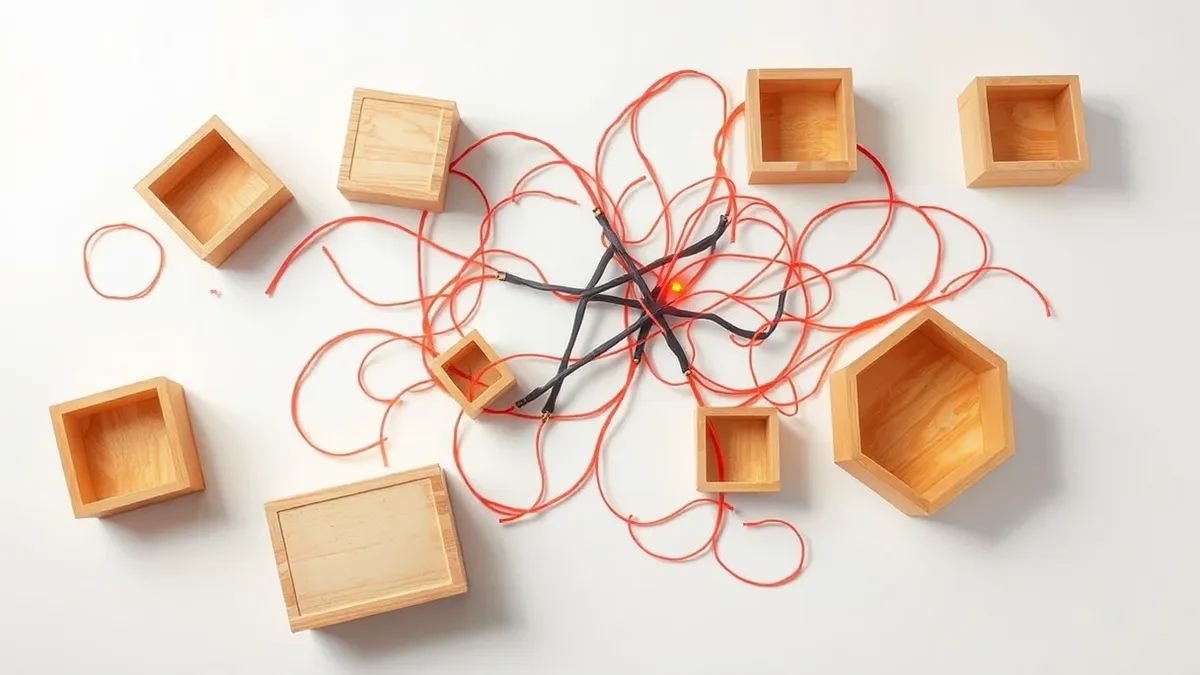 Illustration: A tangled web of thin, brightly colored threads connects various blank wooden boxes on a clean white table.