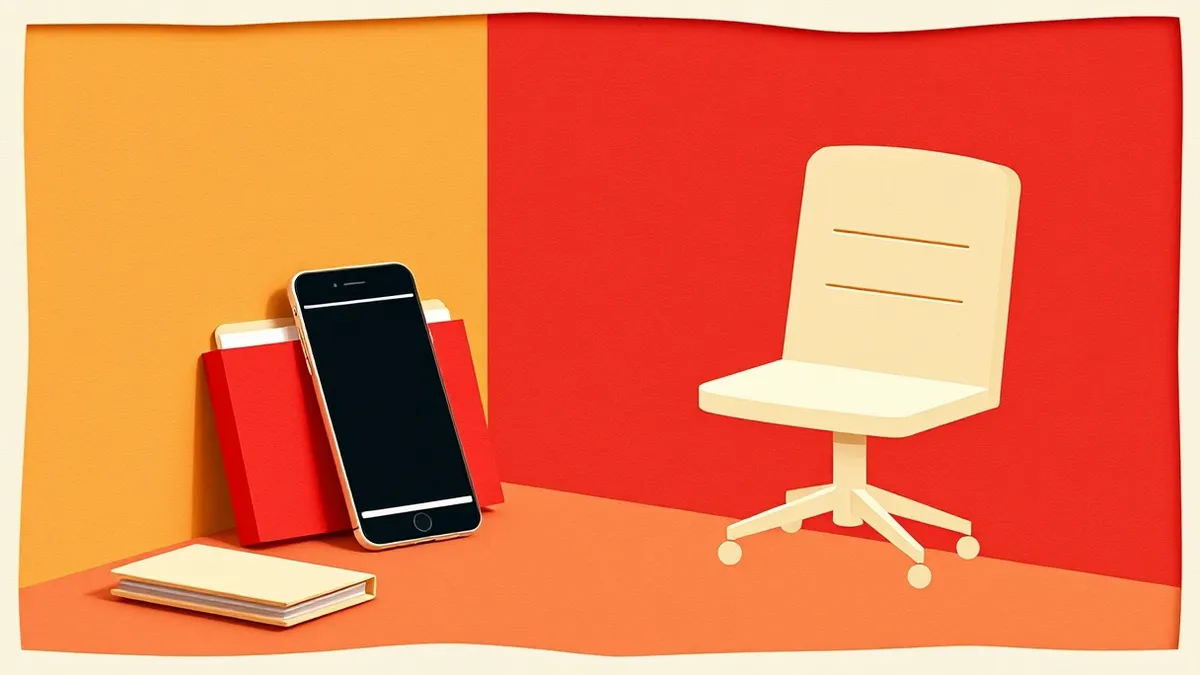 Illustration: A small office desk holds a single red folder beside a smartphone displaying a blank notification screen.