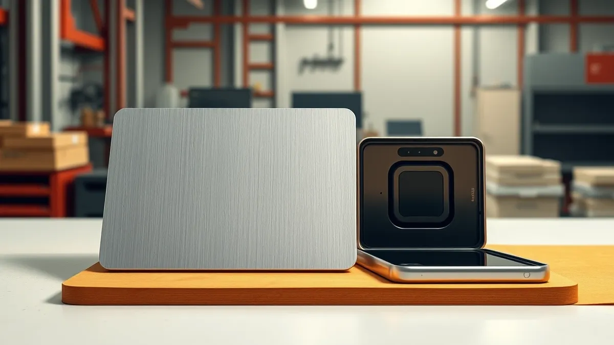 Illustration: A sleek titanium slab rests on a clean industrial workbench beside a folded smartphone chassis.