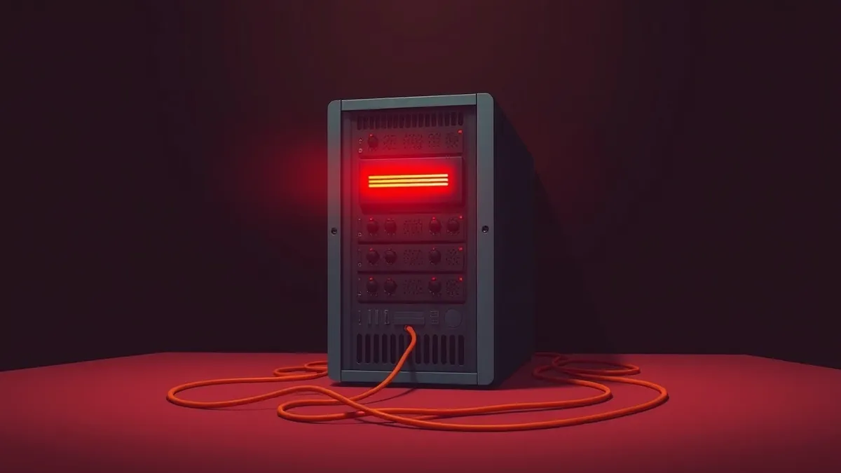 Illustration: A large server unit sits in a dark room with its network cables physically unplugged and coiled on the floor.