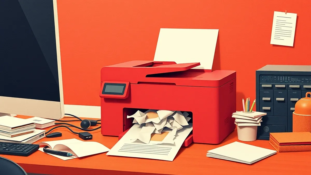 Illustration: A printer sits on a cluttered office desk next to a blank computer monitor and a single sheet of paper.