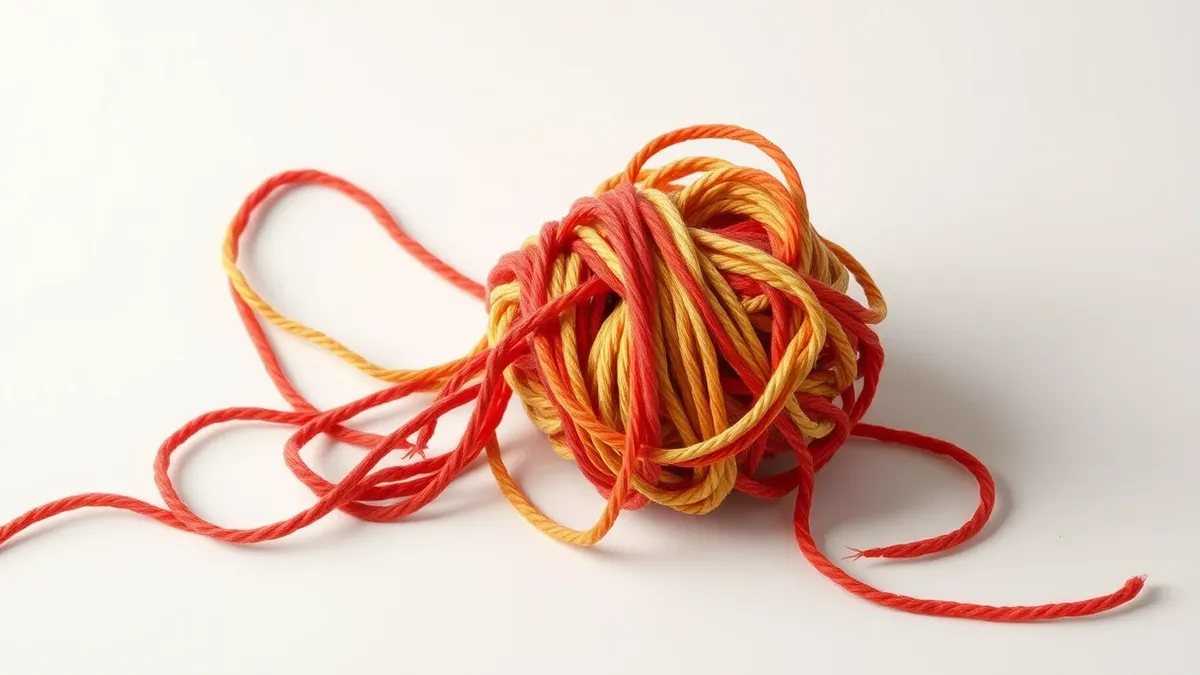 Illustration: A tangled knot of colorful yarn strands sits on a clean white desk.