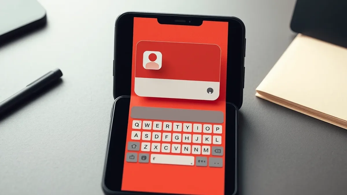 Illustration: A sleek black smartphone sits on a matte desk, its screen displaying a blank chat interface with a simple abstract barrier icon hovering above the keyboard.
