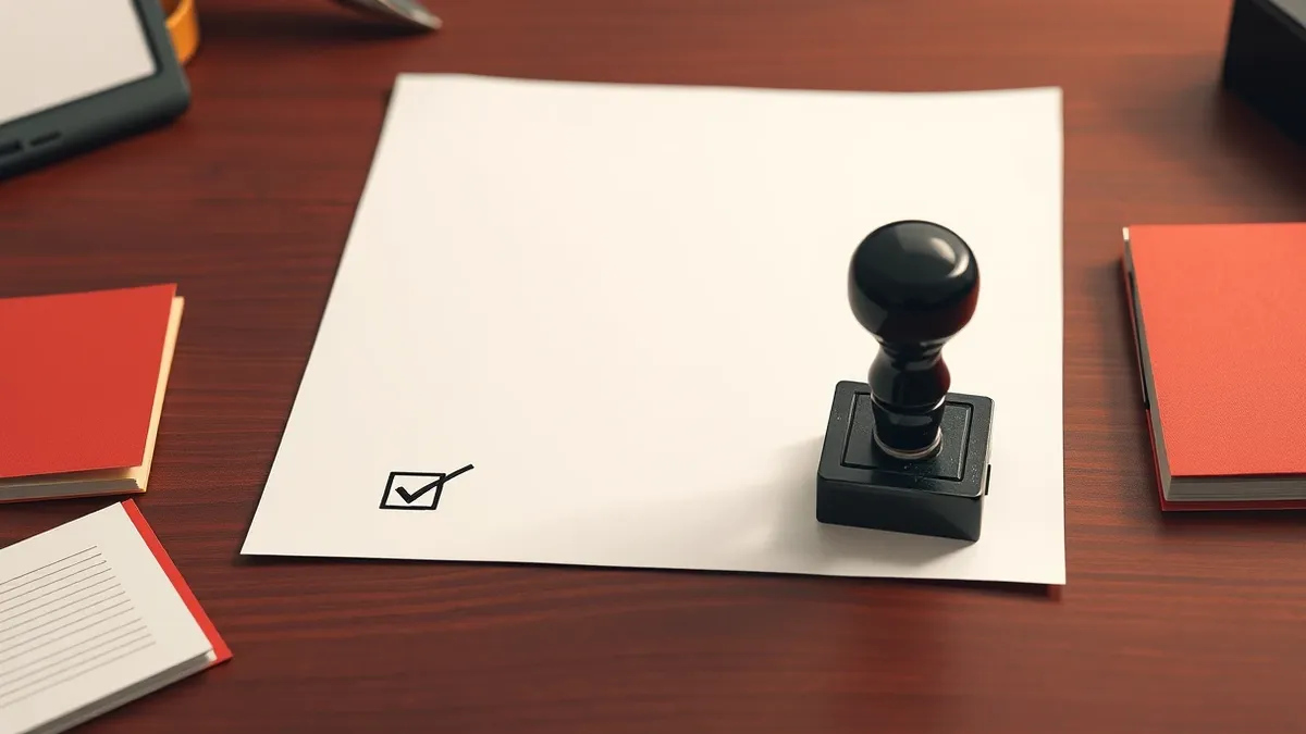 Illustration: A stark white legal document rests on a dark wooden desk, its surface entirely blank save for a single bold checkmark in the bottom corner.