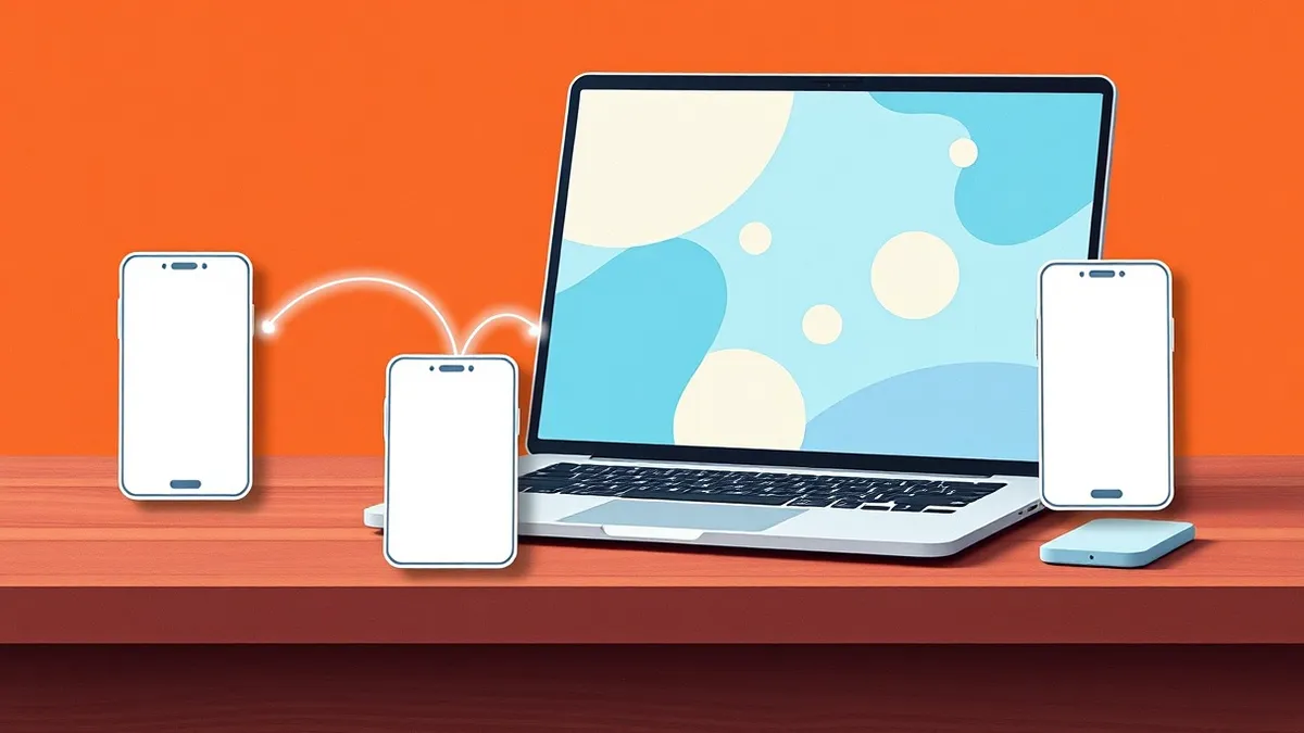 Illustration: A sleek silver laptop sits on a wooden desk, its screen displaying a soft blue abstract interface with floating geometric shapes.