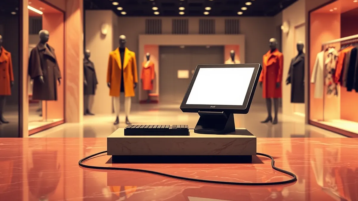 Illustration: A silent retail checkout terminal sits dark and unused on a marble counter in an empty high-end clothing boutique.