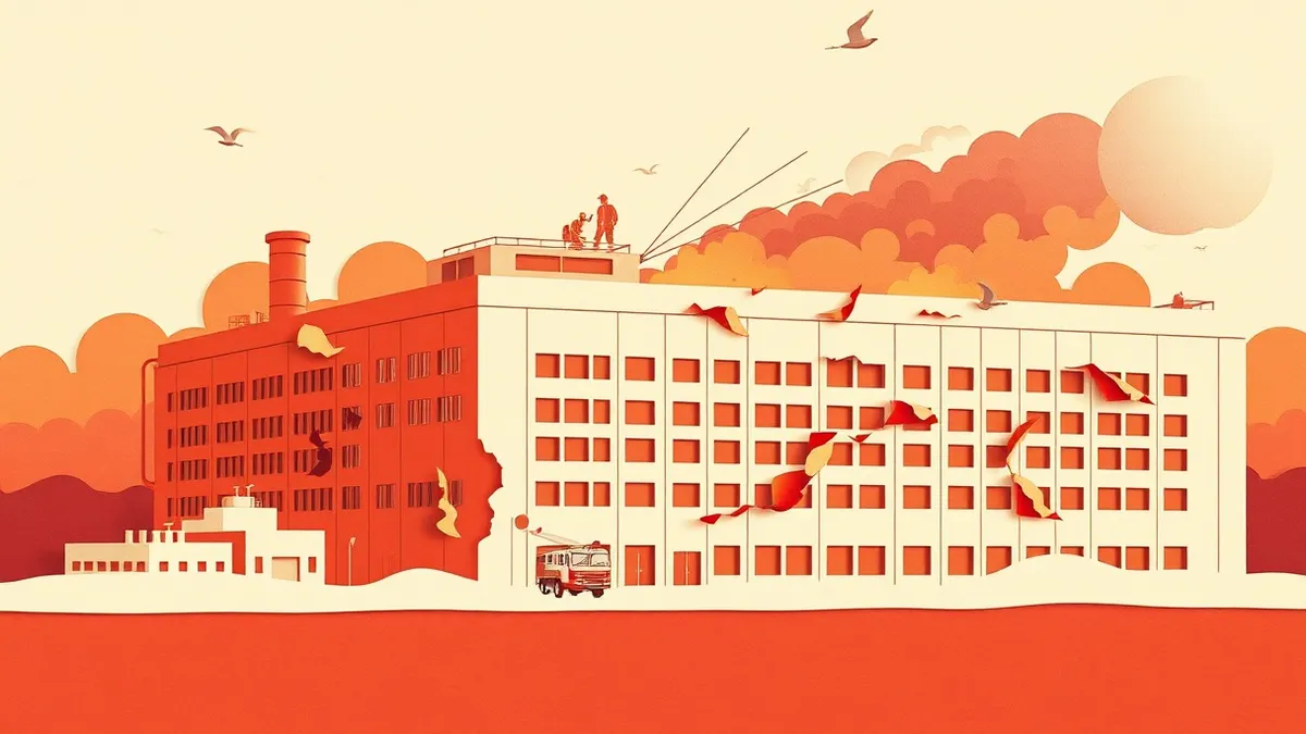 Illustration: A large industrial building stands with charred walls and broken windows.