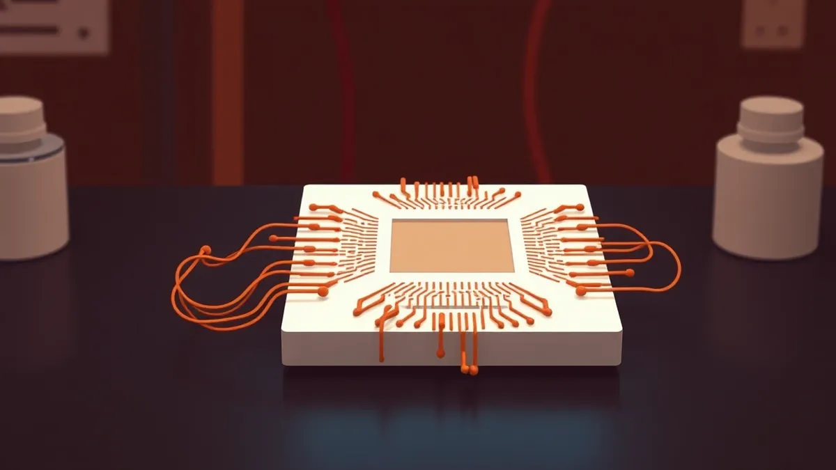 Illustration: A sleek white quantum processor sits on a dark laboratory bench.
