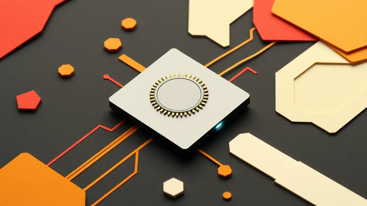 Illustration: A sleek, silver processor chip rests on a matte black surface, surrounded by abstract geometric shapes representing neural network layers.