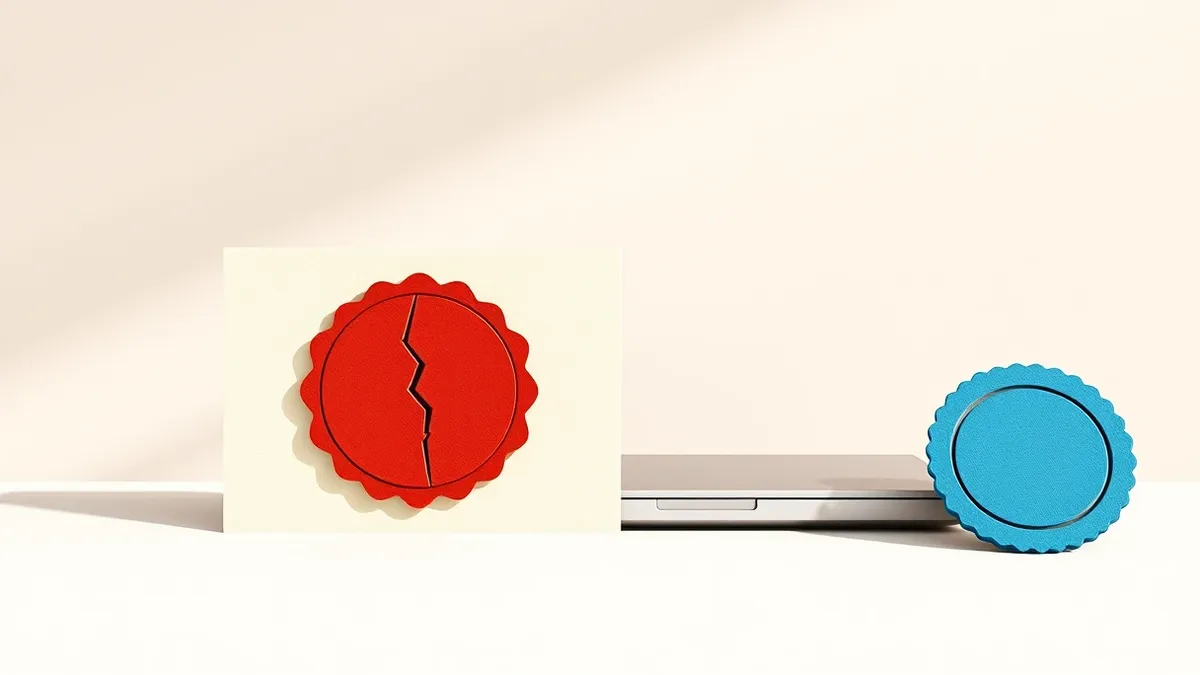Illustration: A silver laptop sits closed on a clean white desk beside a single red circular badge.