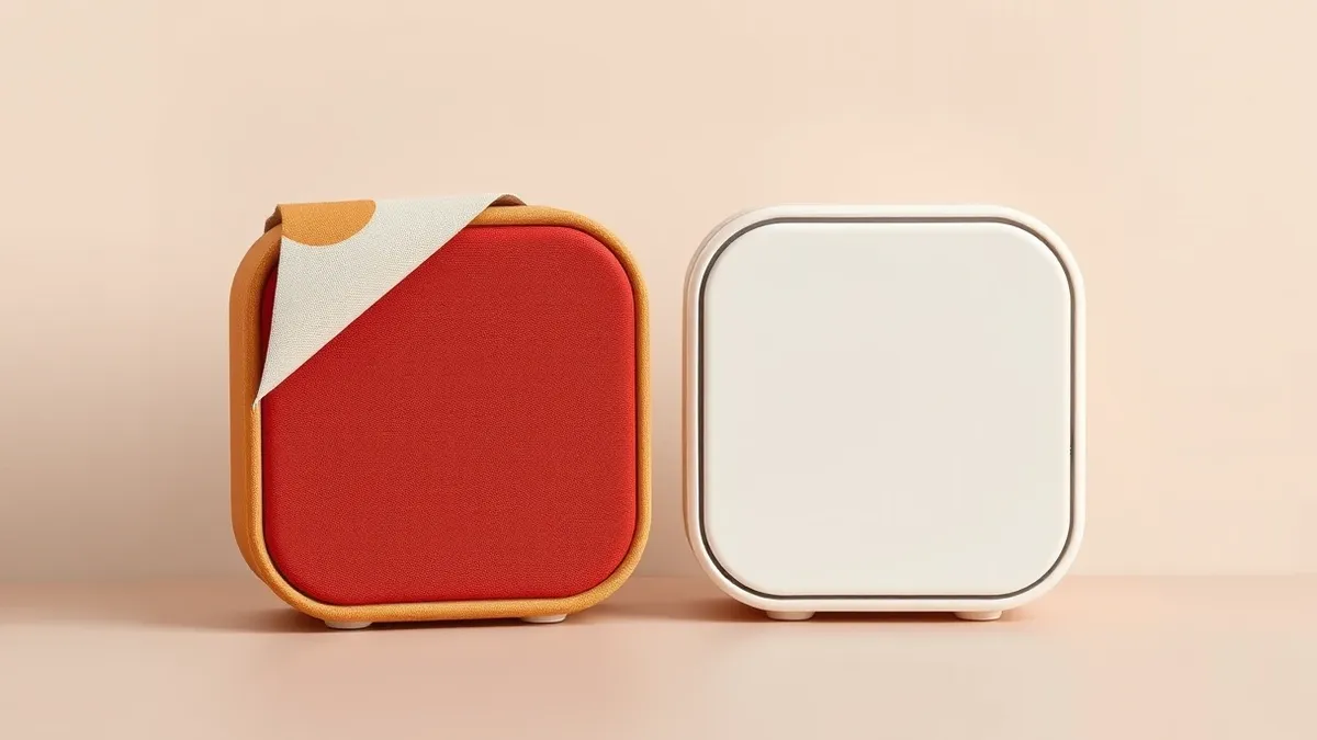 Illustration: Two compact portable speakers sit side by side on a neutral surface, their detachable fabric panels slightly pulled away to reveal the magnetic attachment points insi