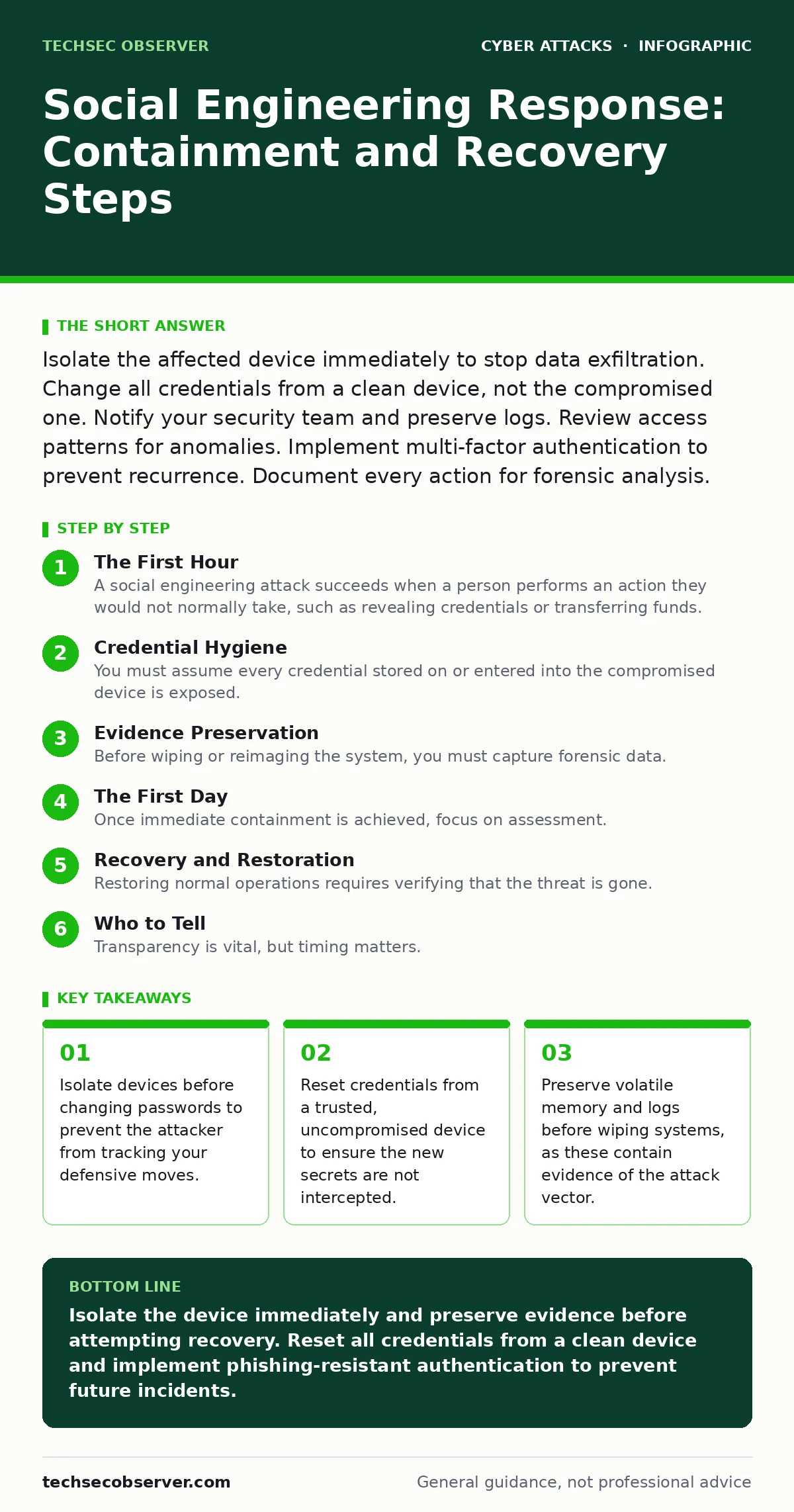 Infographic: Social Engineering Response: Containment and Recovery Steps. Isolate devices before changing passwords to prevent the attacker from tracking your defensive moves. Reset credentials from a trusted, uncompromised device to ensure the new secrets are not intercepted. Preserve volatile memo