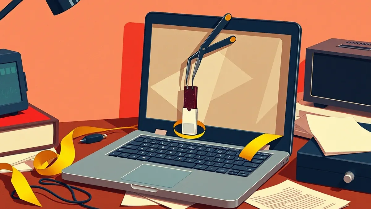 Illustration: An open laptop sits on a cluttered desk next to a bright yellow caution tape loop around its power cord.