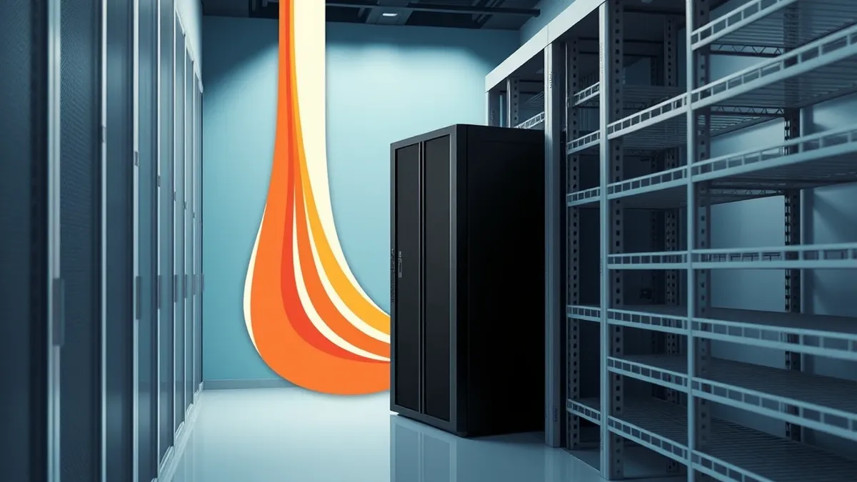 Illustration: A sleek black server blade sits inside an open rack in a cool, blue-lit room.