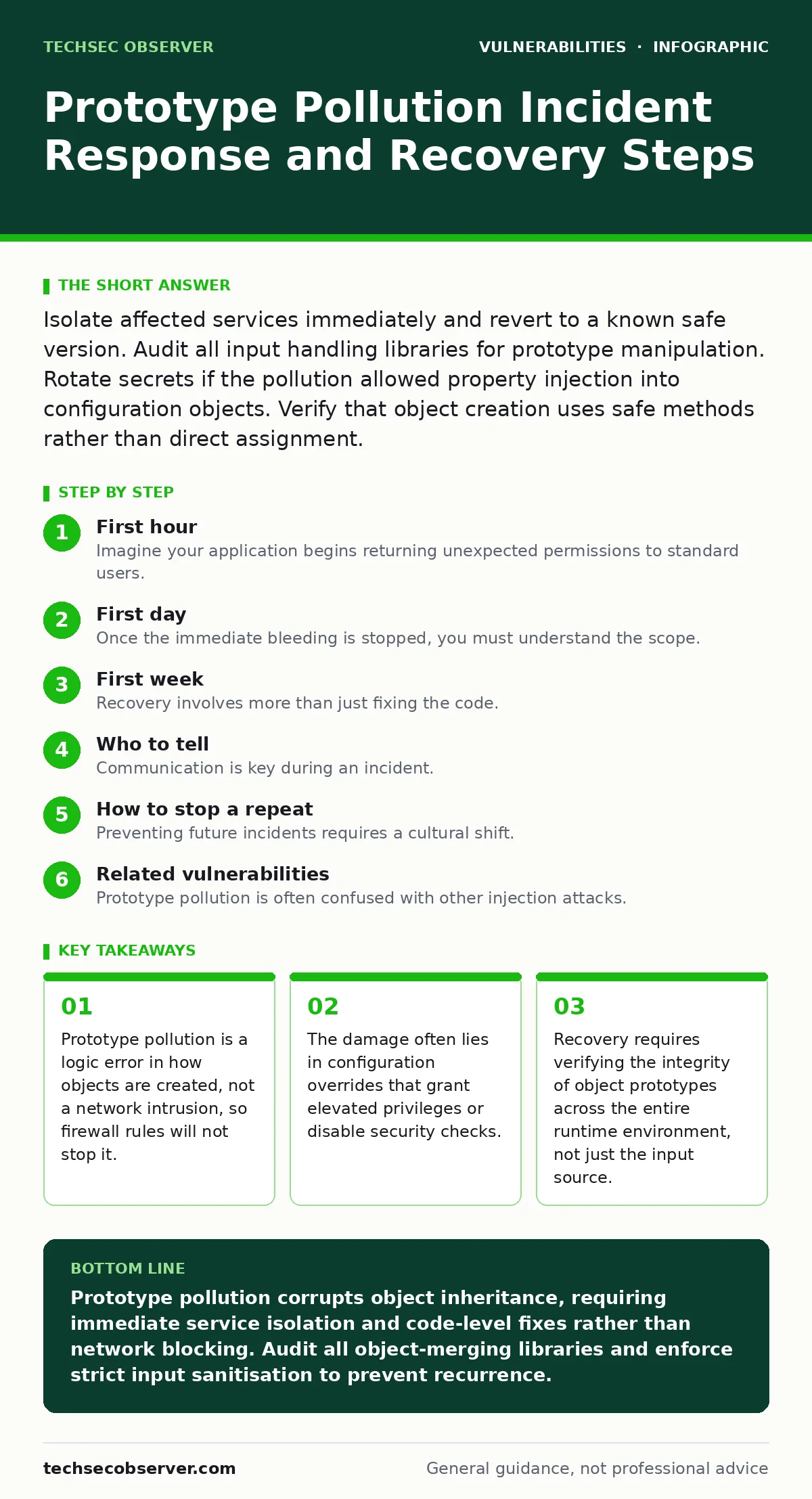 Infographic: Prototype Pollution Incident Response and Recovery Steps. Prototype pollution is a logic error in how objects are created, not a network intrusion, so firewall rules will not stop it. The damage often lies in configuration overrides that grant elevated privileges or disable security che