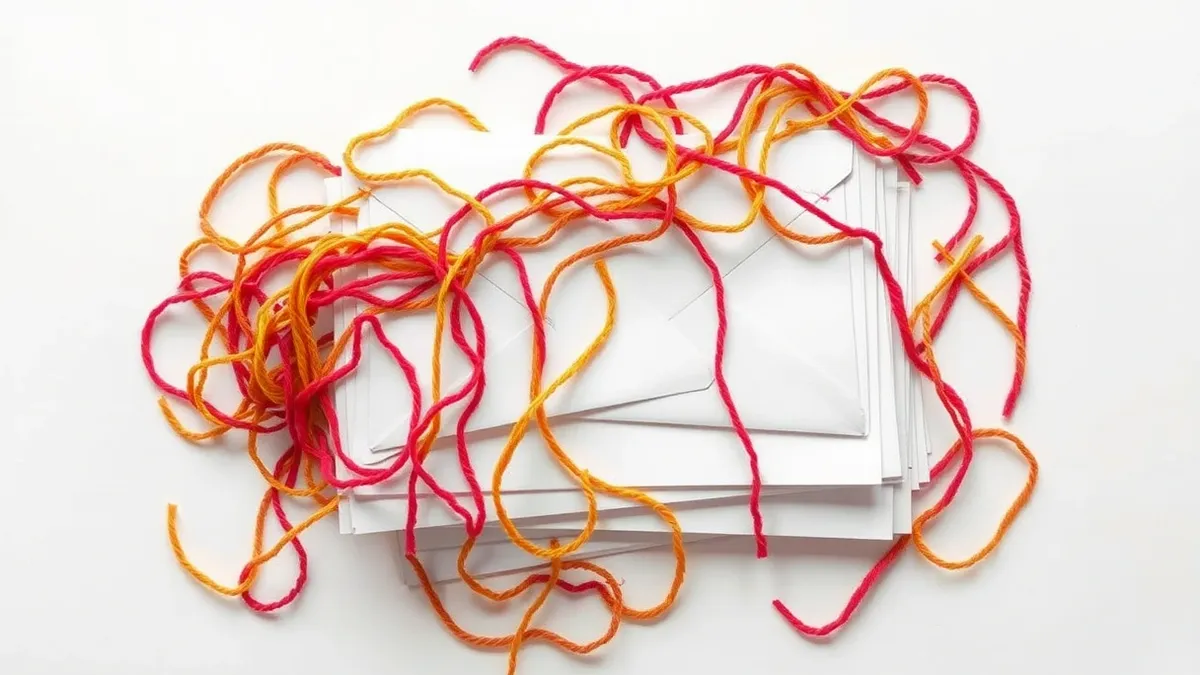 Illustration: A clean white desk holds a tangled mass of colorful yarn strands that have silently infiltrated a neat stack of pristine paper envelopes.