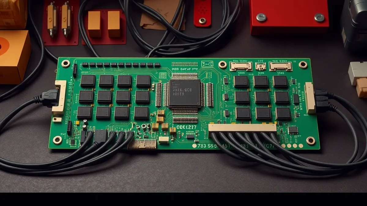 Illustration: A large rectangular green circuit board sits on a dark workbench, densely populated with memory chips arranged in neat rows around the central processor.