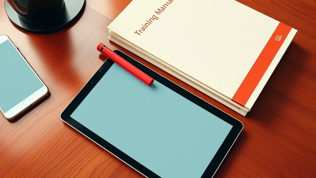 Illustration: A sleek tablet lies on a polished wooden desk next to a stack of blank training manuals.