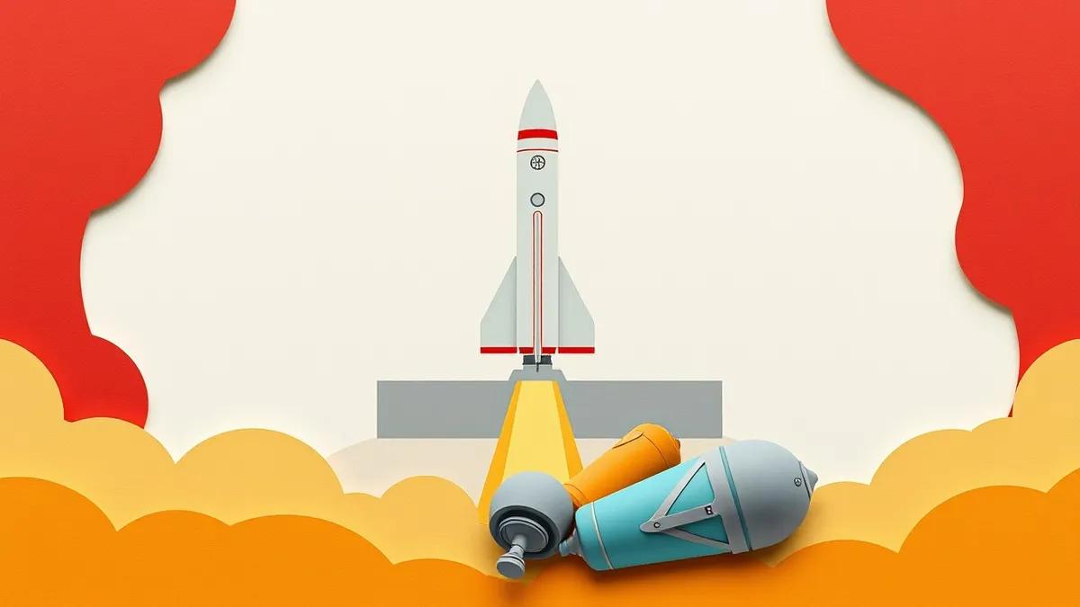 Illustration: A sleek white rocket booster rests on a concrete launchpad under a clear sky.