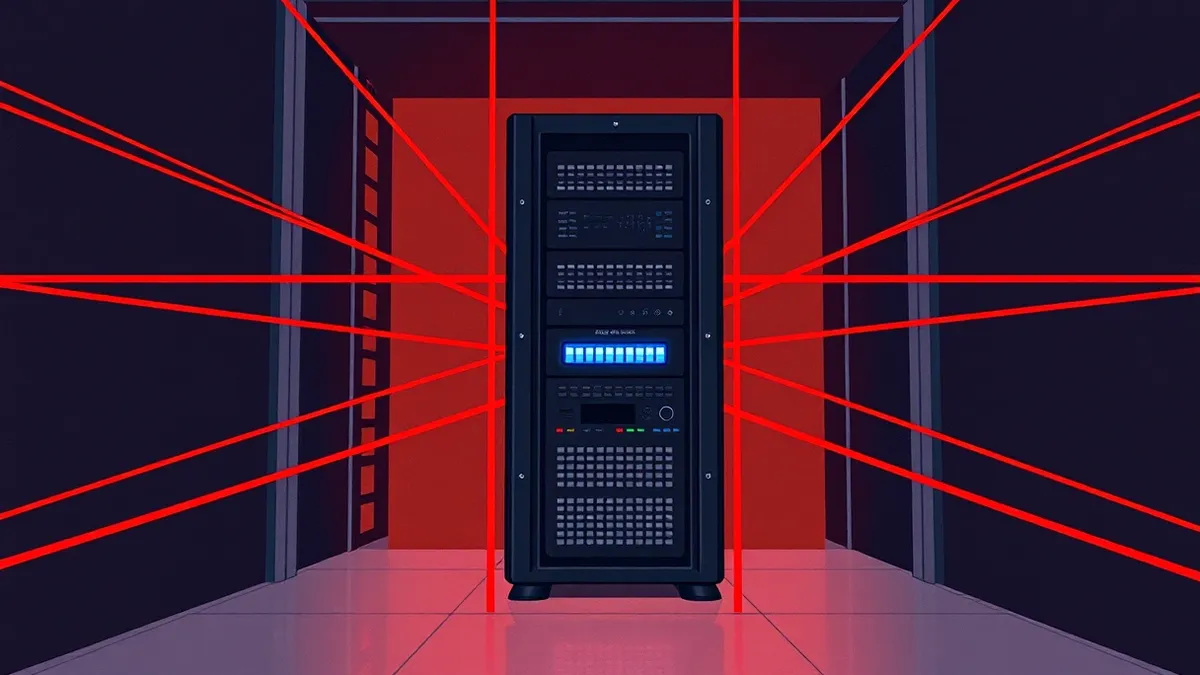 Illustration: A sleek black server blade glows with rapid blue activity lights inside a dim rack.
